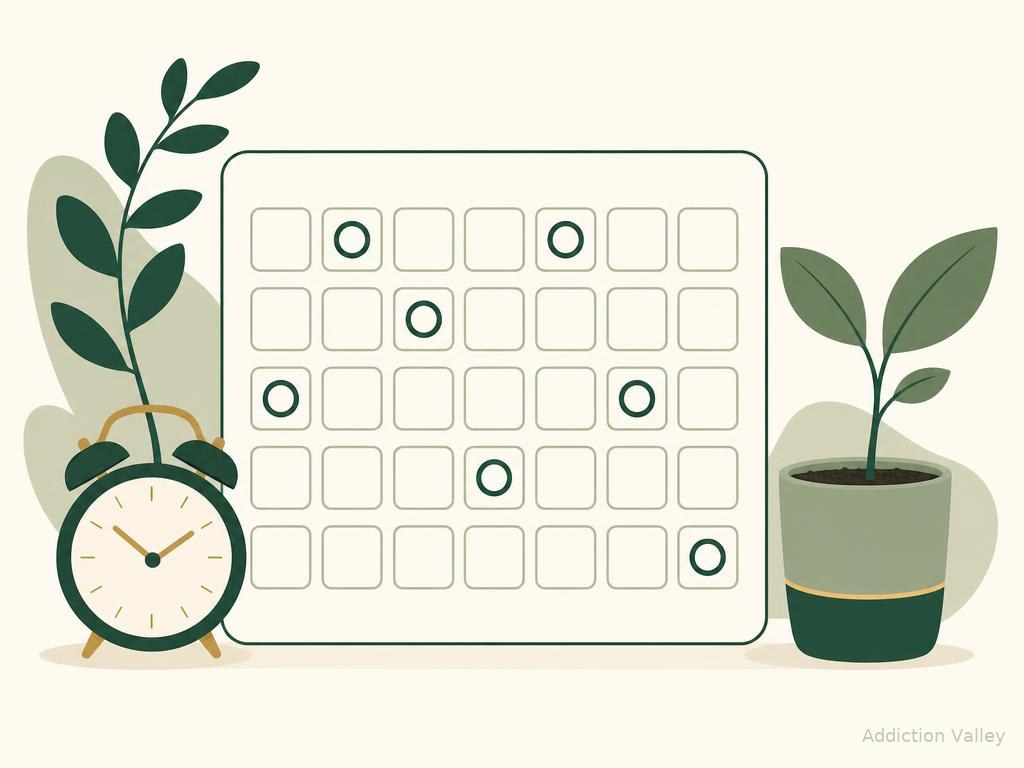 Addiction Valley illustration of a weekly habit tracker grid with an alarm clock and potted plant, representing early recovery structure