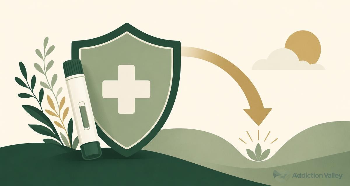 Addiction Valley illustration of a protective shield, first aid cross and naloxone pen, representing harm reduction for drug and alcohol use