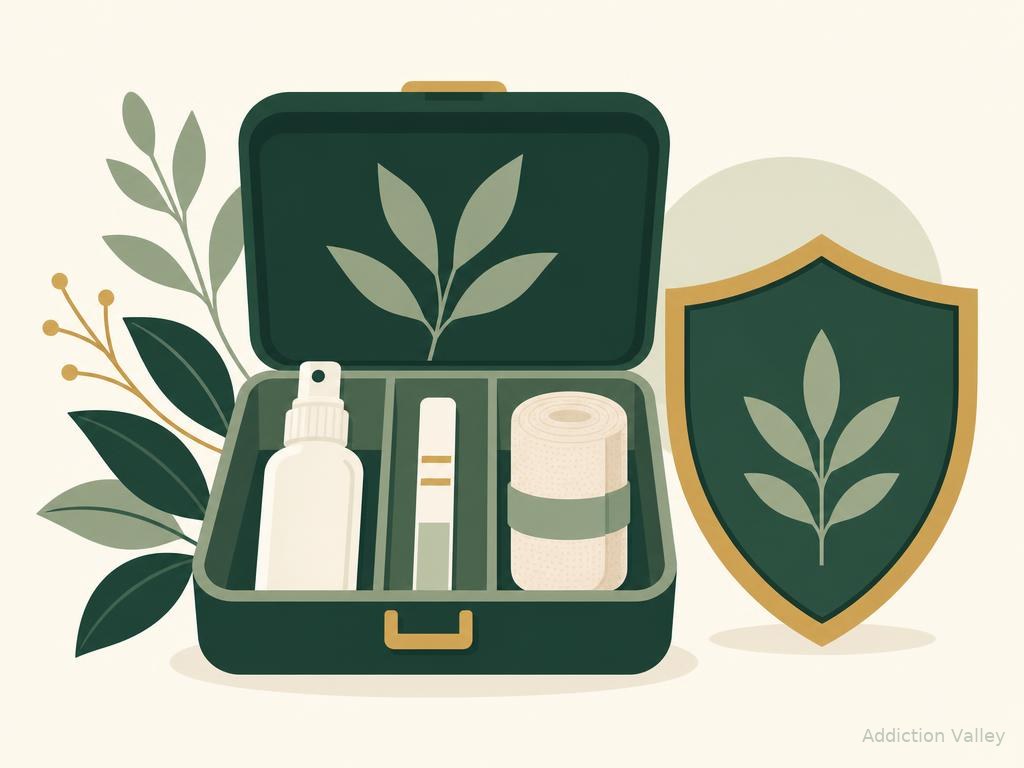 Addiction Valley illustration of a harm reduction kit containing naloxone spray, a fentanyl test strip and a bandage roll
