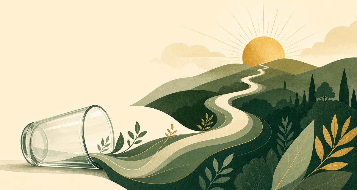 Addiction Valley illustration of an empty glass turning into a path toward sunrise, representing stopping drinking