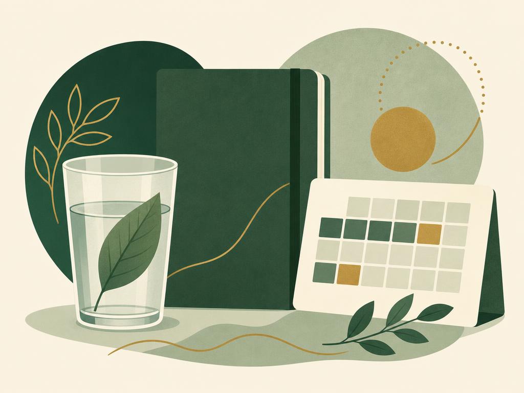Addiction Valley illustration of a water glass, journal and calendar, representing a plan to stop drinking