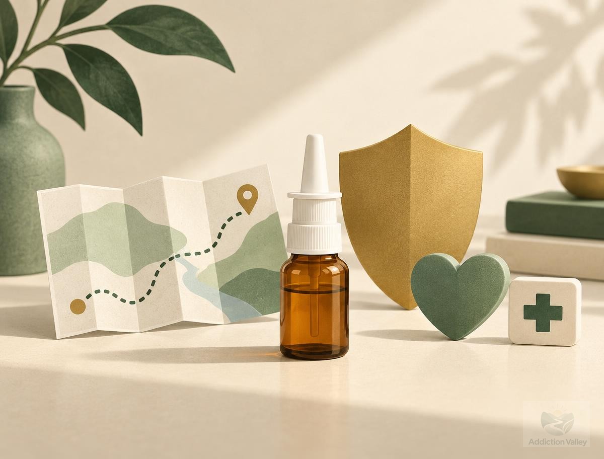 Addiction Valley still-life illustration of a nasal spray bottle, a folded map, a shield, a heart and a first aid cross, representing carrying and using Narcan