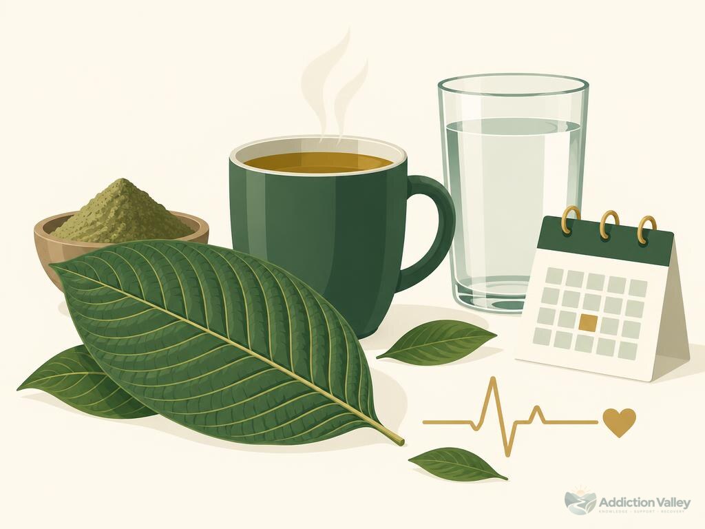 Addiction Valley illustration of a kratom leaf, tea, water and a calendar, representing kratom withdrawal recovery and tapering