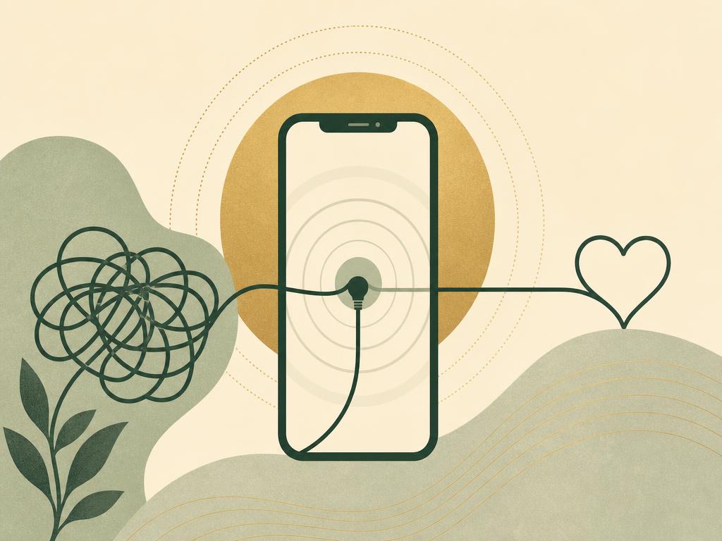 Addiction Valley illustration of a phone with pulsing rings connected to a heart, representing relationship dependency