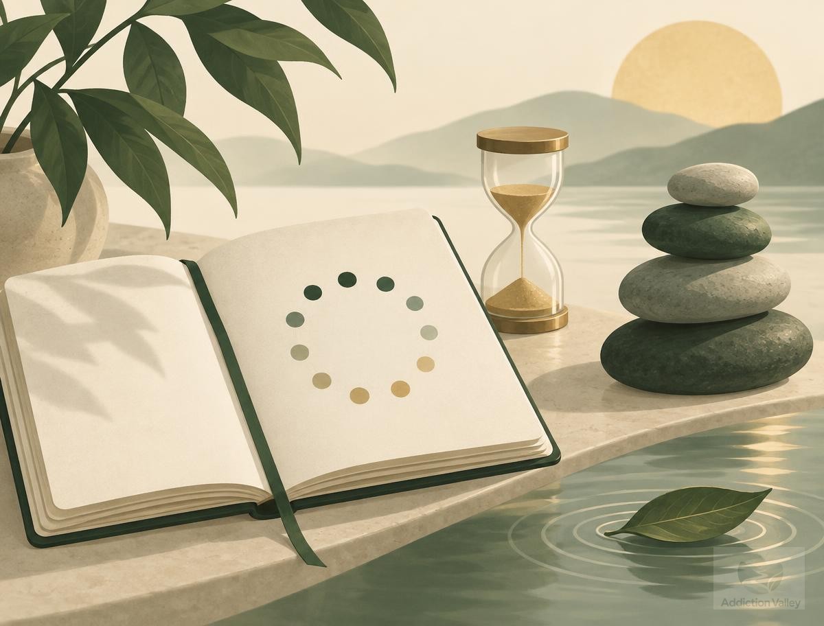 Addiction Valley illustration of an open journal with a breath-counting circle, an hourglass and balanced stones beside calm water, representing mindfulness practice in recovery