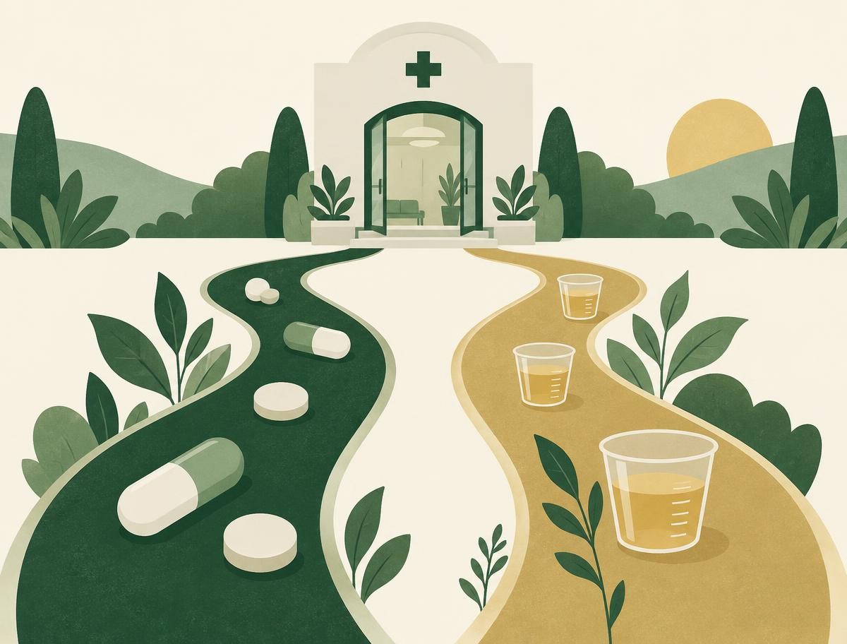 Addiction Valley illustration of two treatment paths leading from a clinic doorway, representing methadone dosing and Suboxone prescriptions