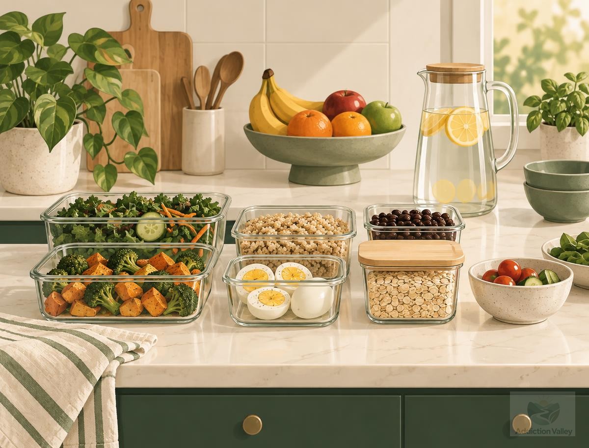 Addiction Valley illustration of meal prep containers with vegetables, eggs, oats and beans beside fruit and lemon water, representing healthy eating in early recovery