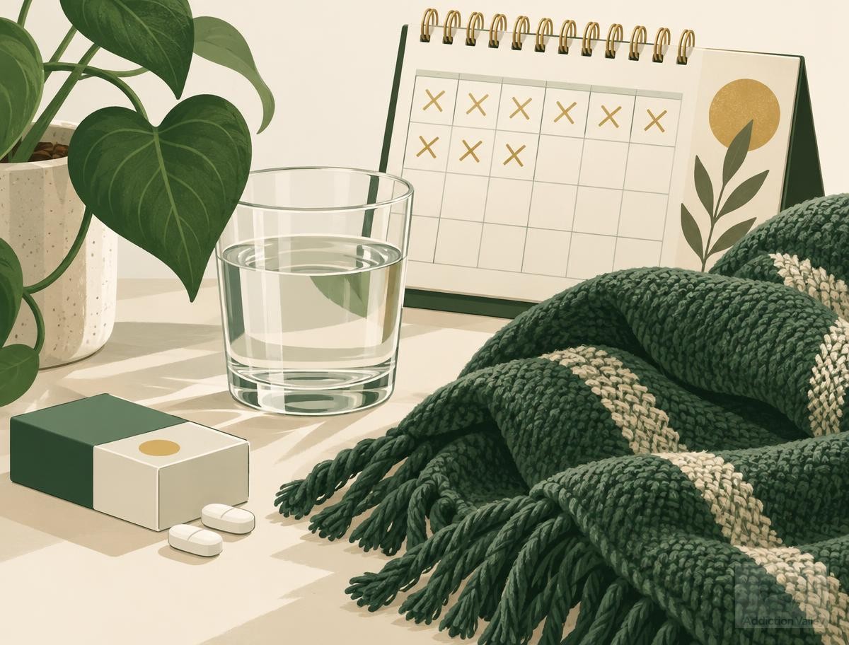 Addiction Valley illustration of a water glass, blanket, crossed off calendar and medicine box, representing comfort and care during opioid withdrawal