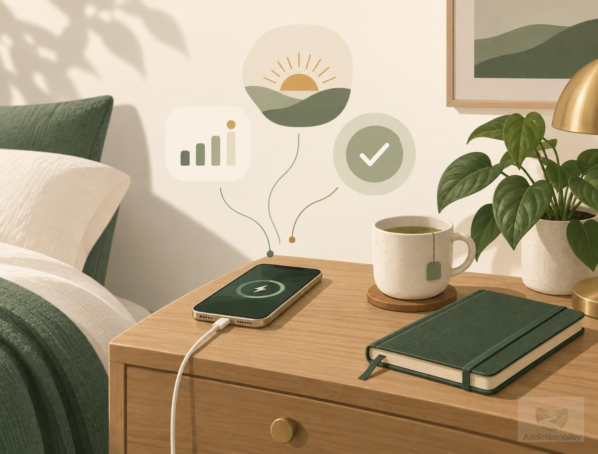 Addiction Valley illustration of a phone charging on a nightstand beside a journal and tea, with mood and progress widgets, representing a recovery app in daily routine