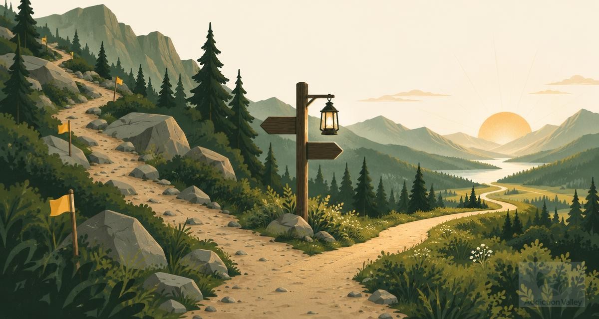 Addiction Valley illustration of a mountain trail with small warning flags and a lantern signpost at a fork leading toward a sunrise valley, representing relapse triggers