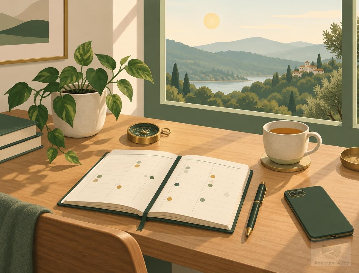 Addiction Valley illustration of a desk with an open planner marked with colored dots, a compass and tea, representing a personal relapse trigger plan