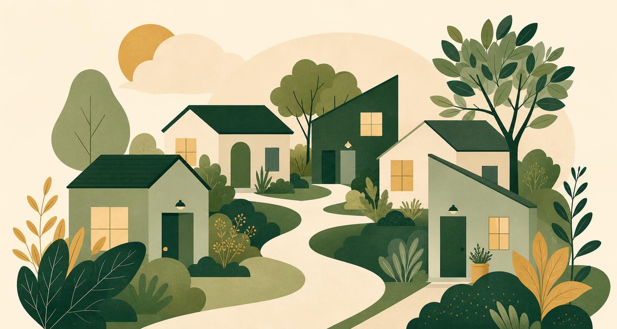 Addiction Valley illustration of small homes on a shared path with trees, representing sober living housing