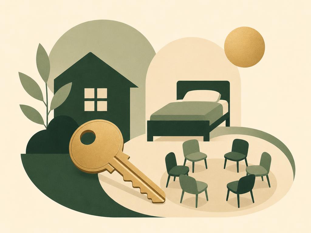 Addiction Valley illustration of a house key, bed and circle of chairs, representing structured sober housing