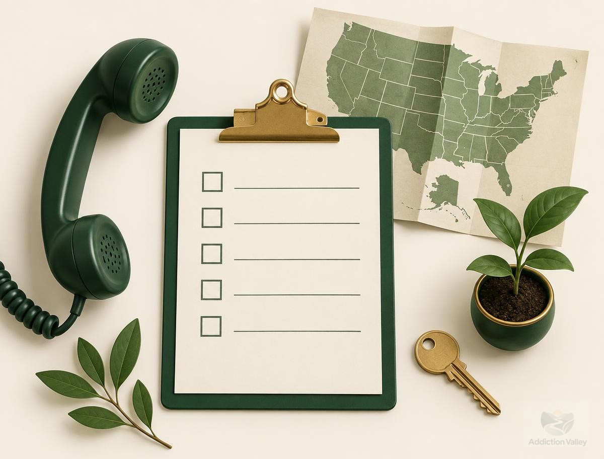 Addiction Valley still-life illustration of a clipboard checklist, telephone handset, US map, key and seedling, representing applying for free or low-cost rehab