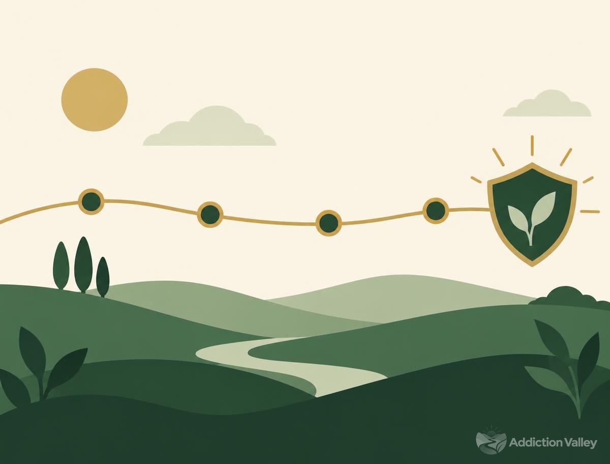 Addiction Valley illustration of a steady timeline and protective shield over calm hills, representing month-long buprenorphine coverage