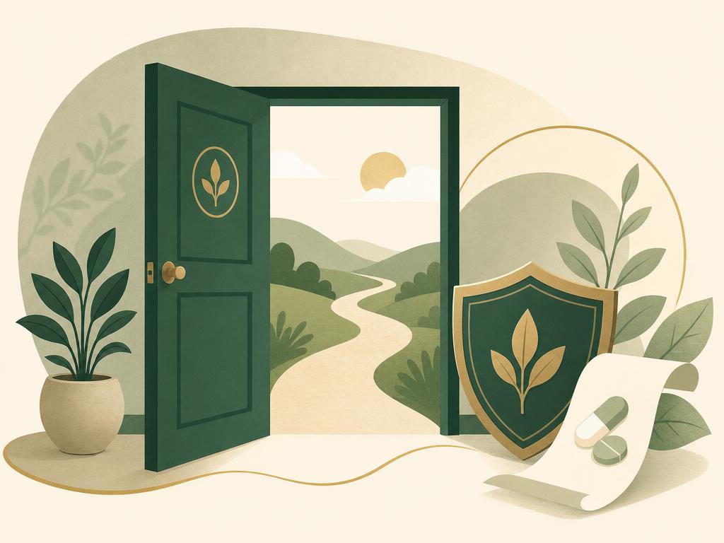 Addiction Valley illustration of an open clinic door onto a calm path with a prescription slip, representing access to medication treatment