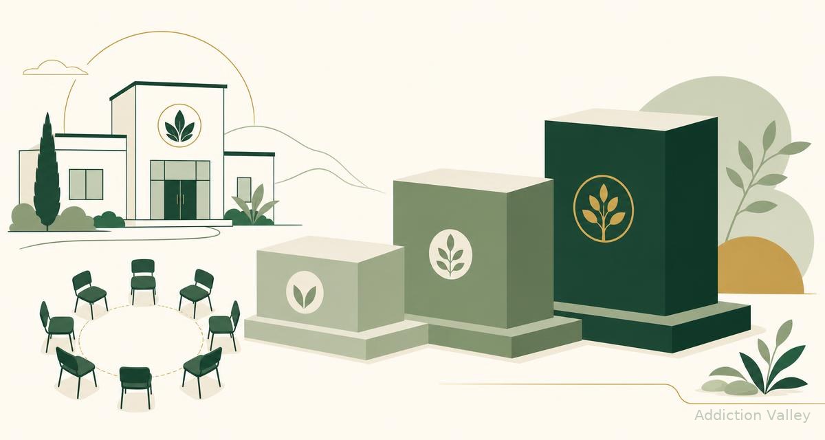 Addiction Valley illustration comparing tiered treatment program levels beside a clinic building and a group therapy circle