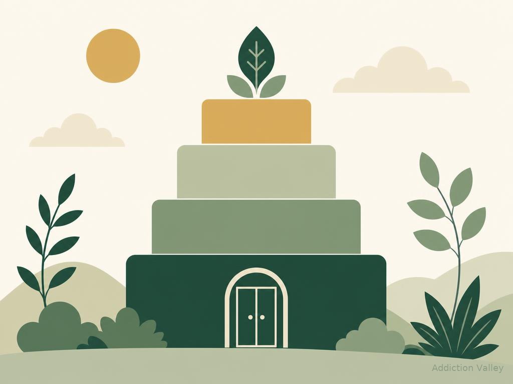 Addiction Valley illustration of a stepped pyramid representing levels of addiction care from outpatient to residential treatment