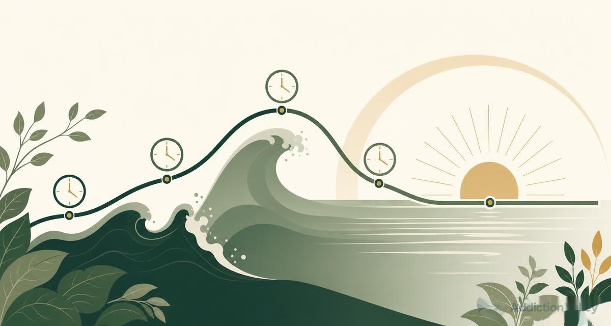Addiction Valley illustration of a withdrawal symptom curve rising to a peak then settling into calm water at sunrise