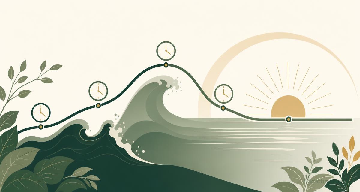 Addiction Valley illustration of a withdrawal symptom curve rising to a peak then settling into calm water at sunrise