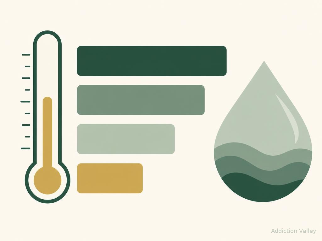Addiction Valley illustration of decreasing symptom bars beside a thermometer, representing withdrawal symptoms easing over time