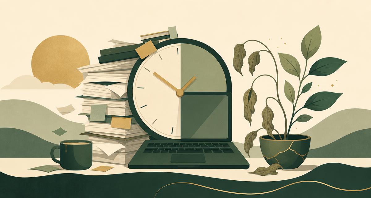 Addiction Valley illustration of a clock merging into a desk lamp at night, representing work addiction