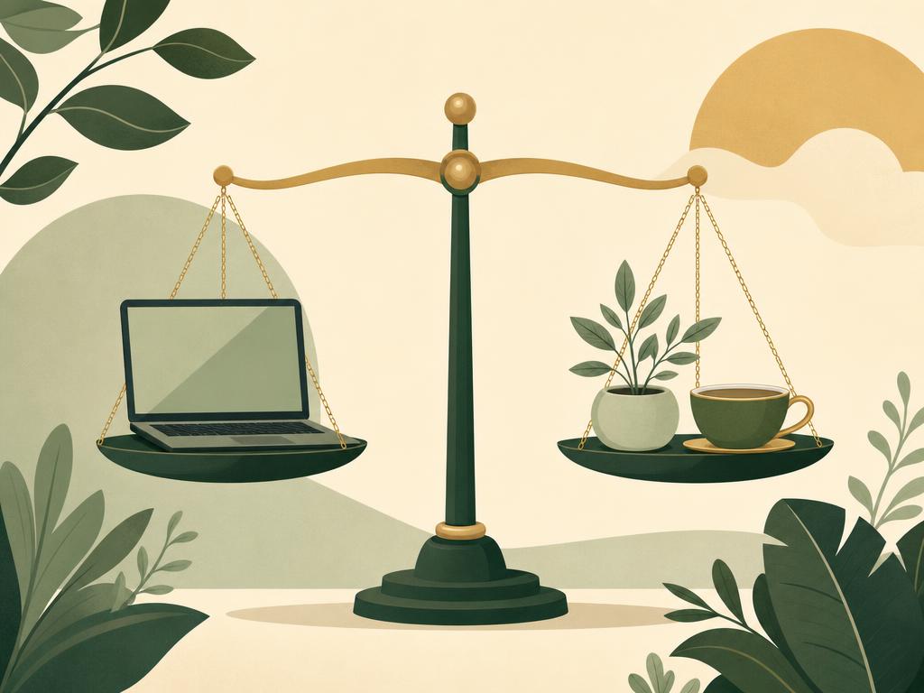 Addiction Valley illustration of unbalanced scales holding a laptop and a home shape, representing work life imbalance