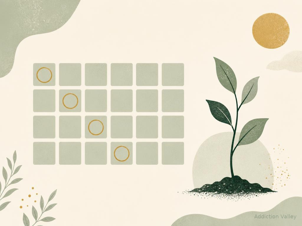 Illustration of a weekly tracking grid and growing seedling for logging post-acute withdrawal symptoms