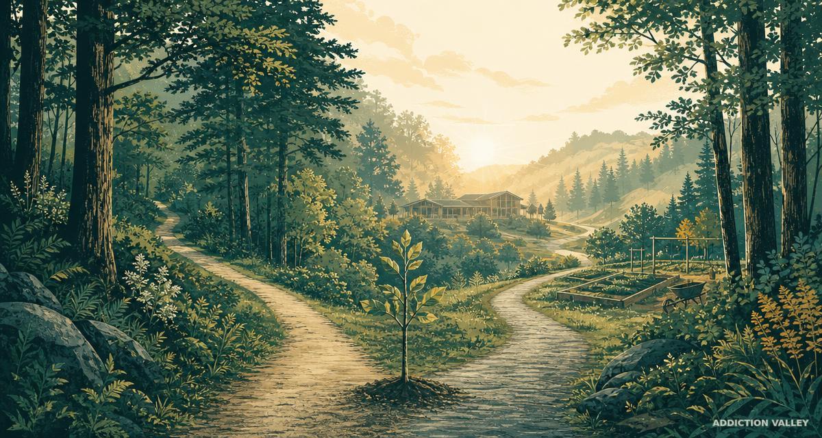 A woodland path and young tree symbolizing Amy Brune’s addiction recovery story