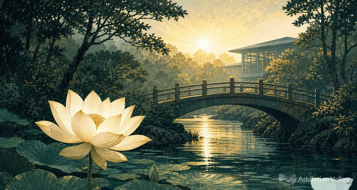 A lotus, bridge and sunrise symbolizing Gloria U.’s workplace intervention and recovery