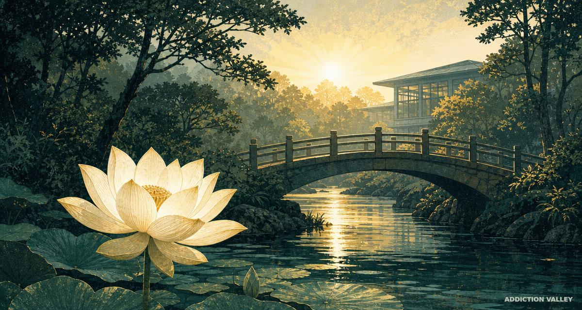 A lotus, bridge and sunrise symbolizing Gloria U.’s workplace intervention and recovery
