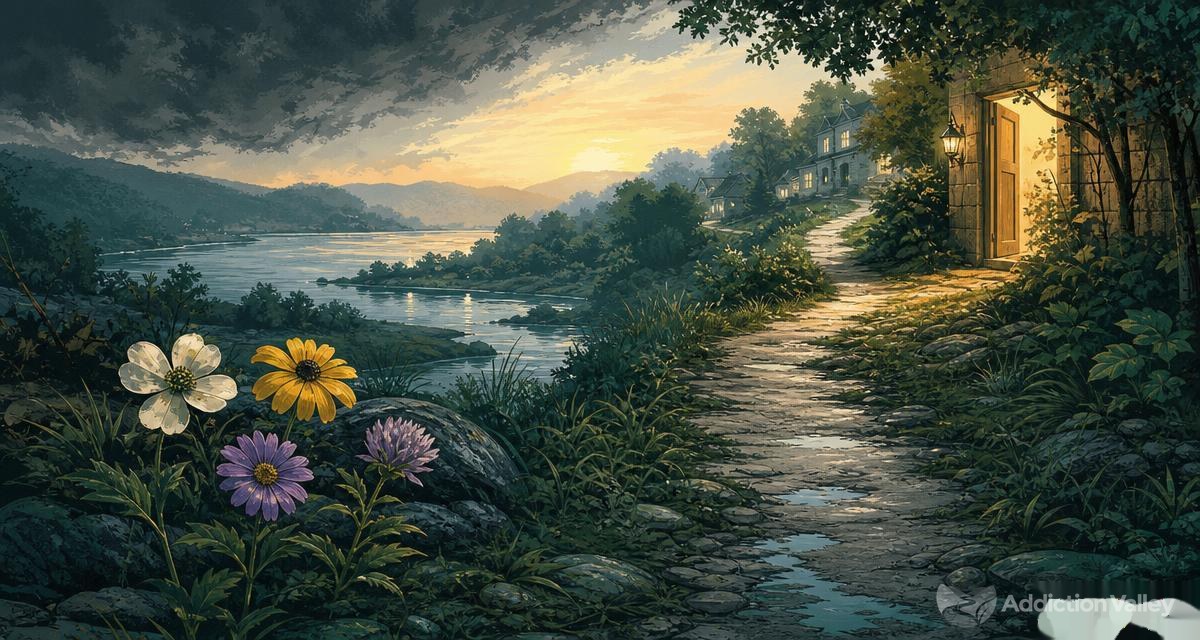 A lit doorway and riverside path symbolizing Jennifer Tuerke’s return to recovery