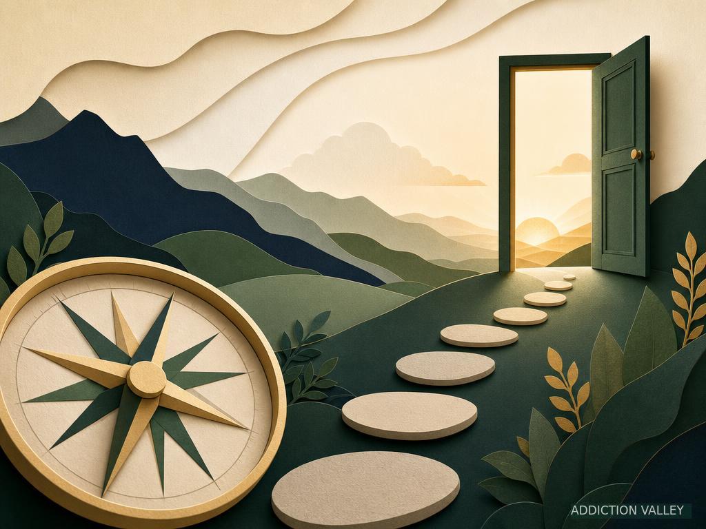 Compass and stepping stones representing a private addiction self-check and next steps