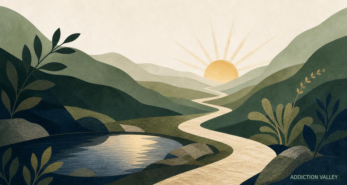 Illustrated path through a green valley representing the first step toward addiction help
