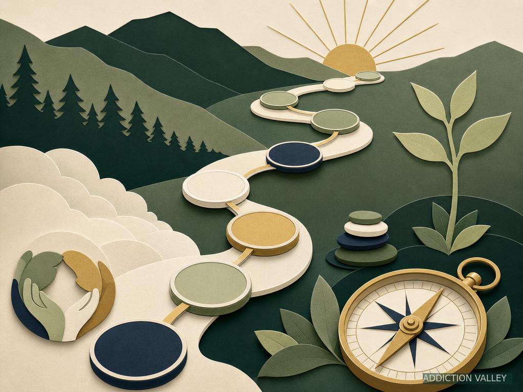Connected pathway, compass and growing plant representing an addiction recovery plan