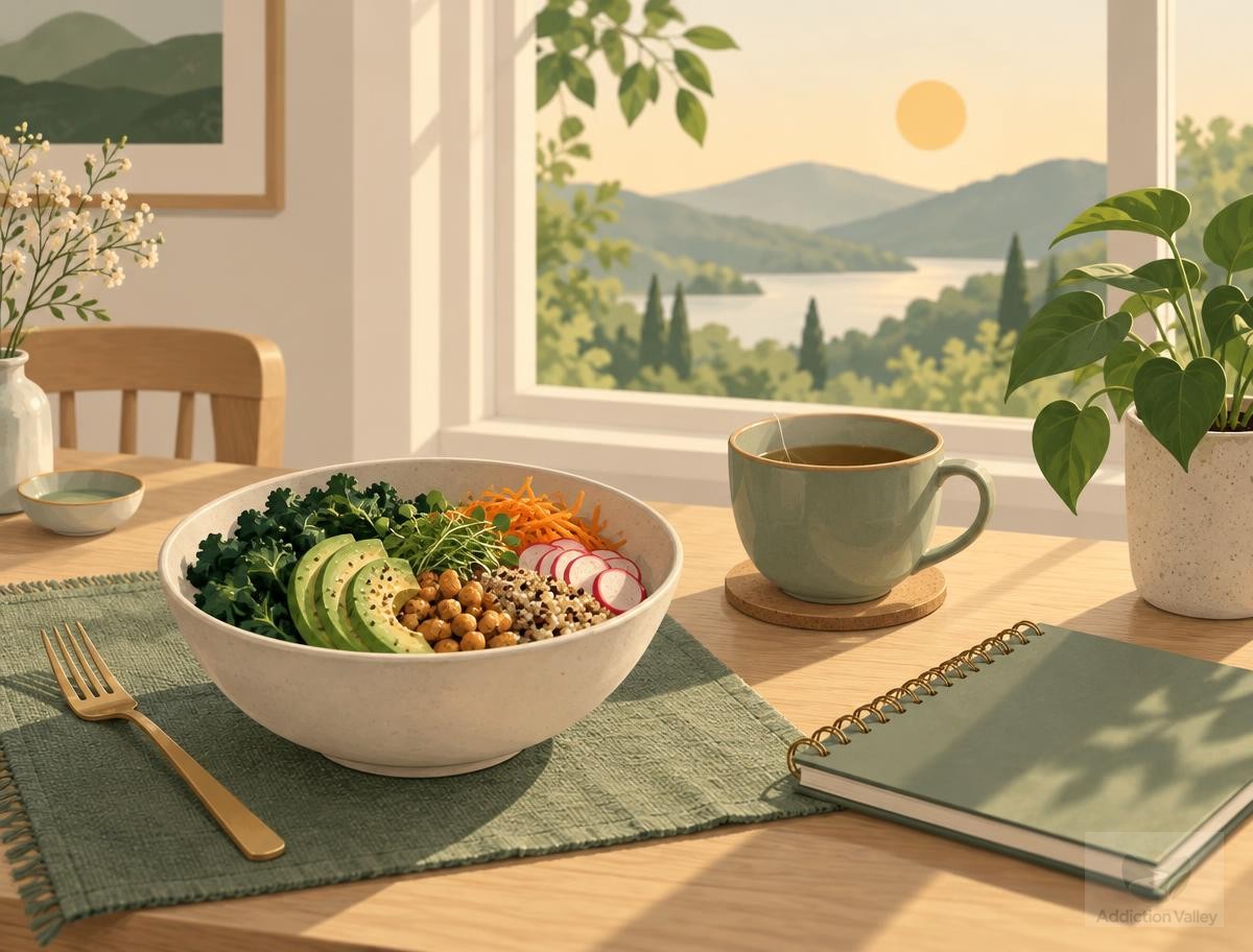 Addiction Valley illustration of a balanced meal bowl, tea and a journal on a sunlit table, representing support and healing from eating disorders