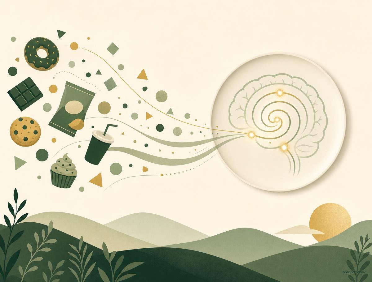 Addiction Valley illustration of ultra-processed food shapes flowing toward a brain on a plate, representing food cravings and reward