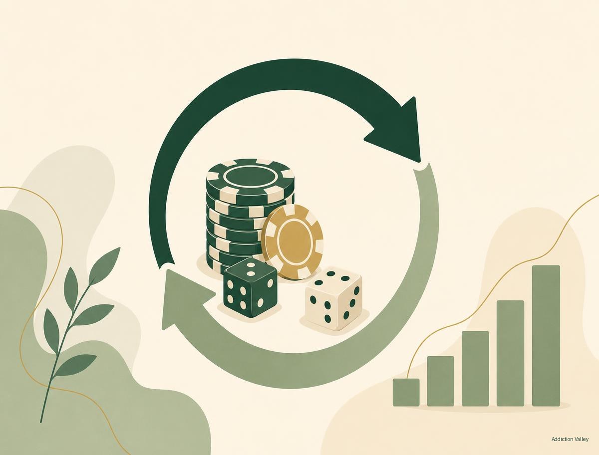 Addiction Valley illustration of the gambling reward loop, showing chips and dice inside a circular arrow with rising losses