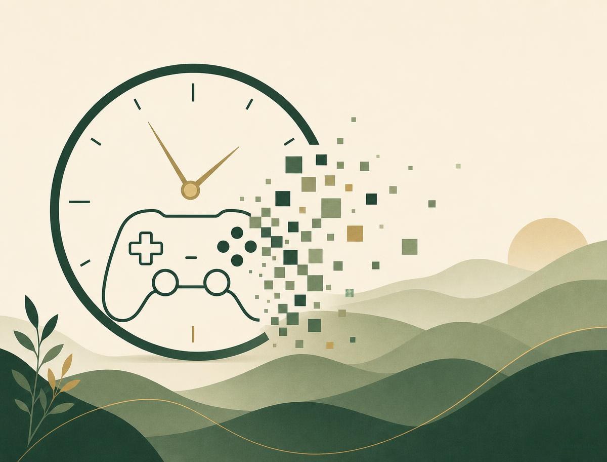 Addiction Valley illustration of a controller inside a clock face dissolving into pixels, representing gaming disorder and lost time