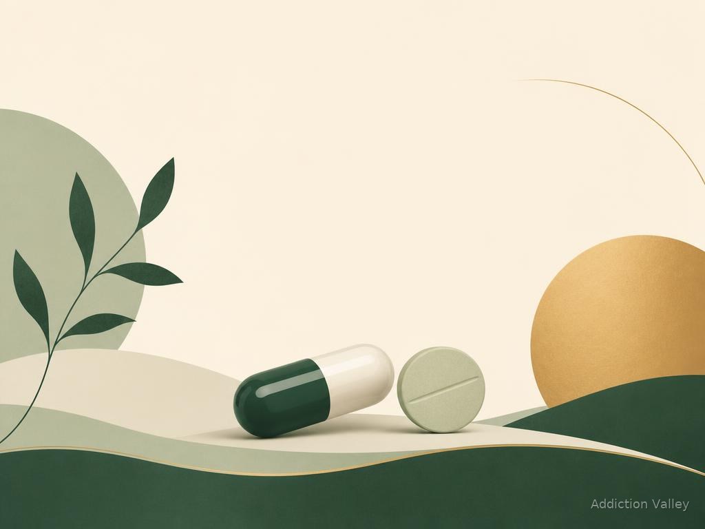 Addiction Valley branded illustration representing opioid addiction treatment, medication support and daily recovery routine