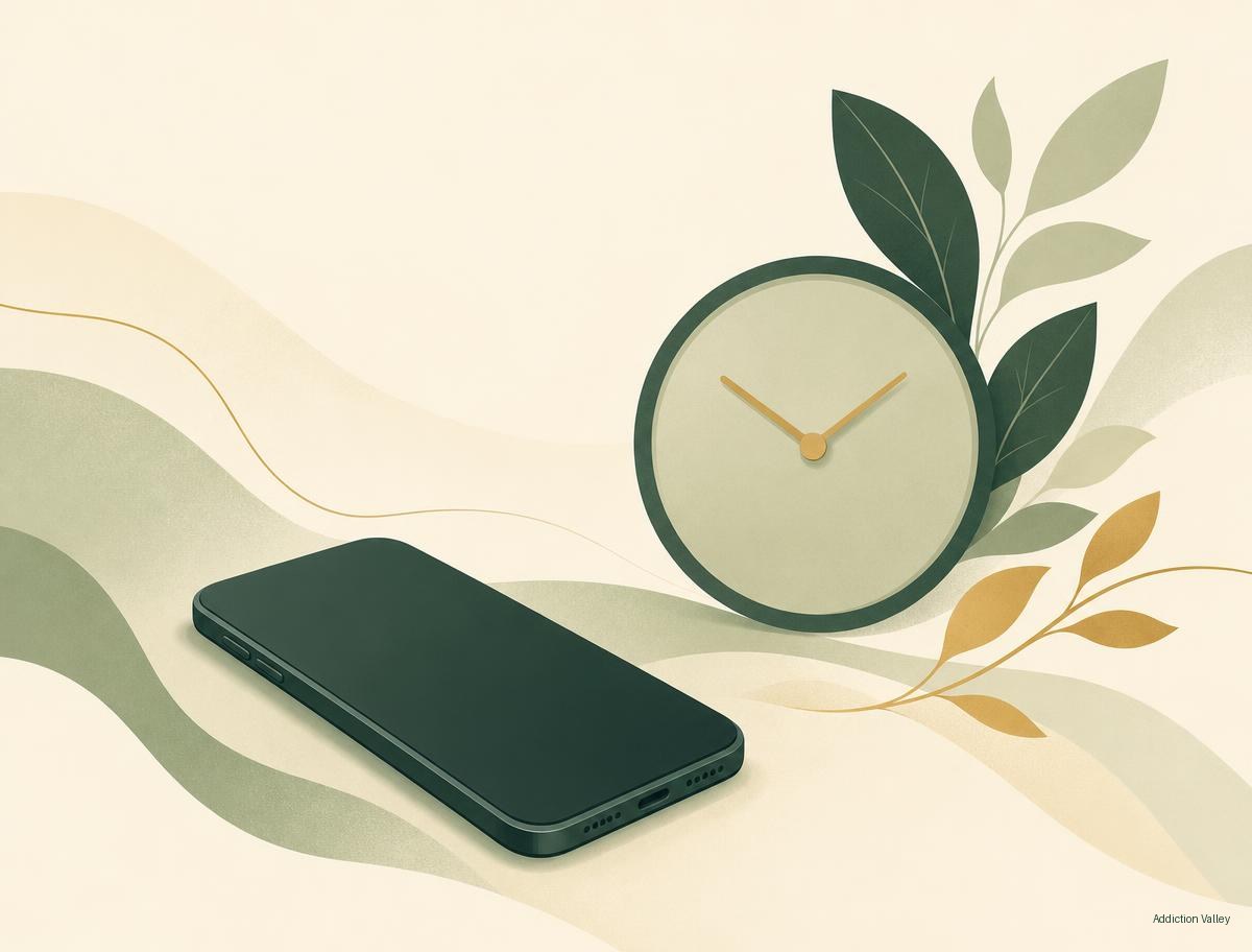 Addiction Valley illustration of a phone placed face down beside a clock and leaves, representing breaking phone addiction