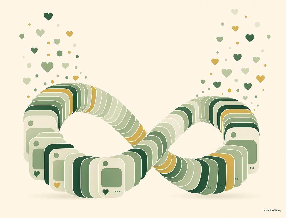 Addiction Valley illustration of an endless scroll loop made of feed cards, representing the social media dopamine cycle