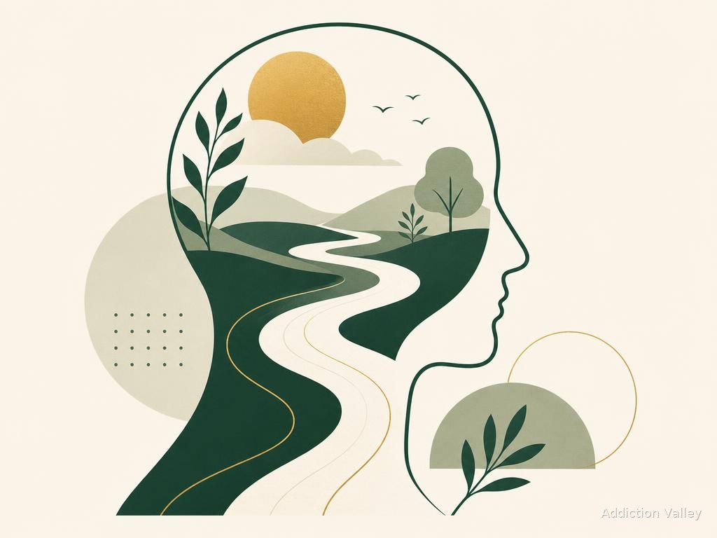 Addiction Valley branded illustration explaining what addiction is as a treatable brain and behavior condition