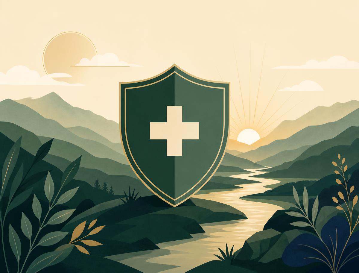 Addiction Valley branded illustration of a medical shield over a sunrise valley, representing overdose protection and harm reduction for xylazine exposure
