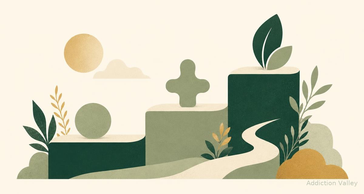 Illustration of stepped levels of addiction treatment care rising toward recovery
